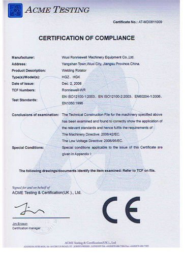 Chiny WUXI RONNIEWELL MACHINERY EQUIPMENT CO.,LTD Certyfikaty